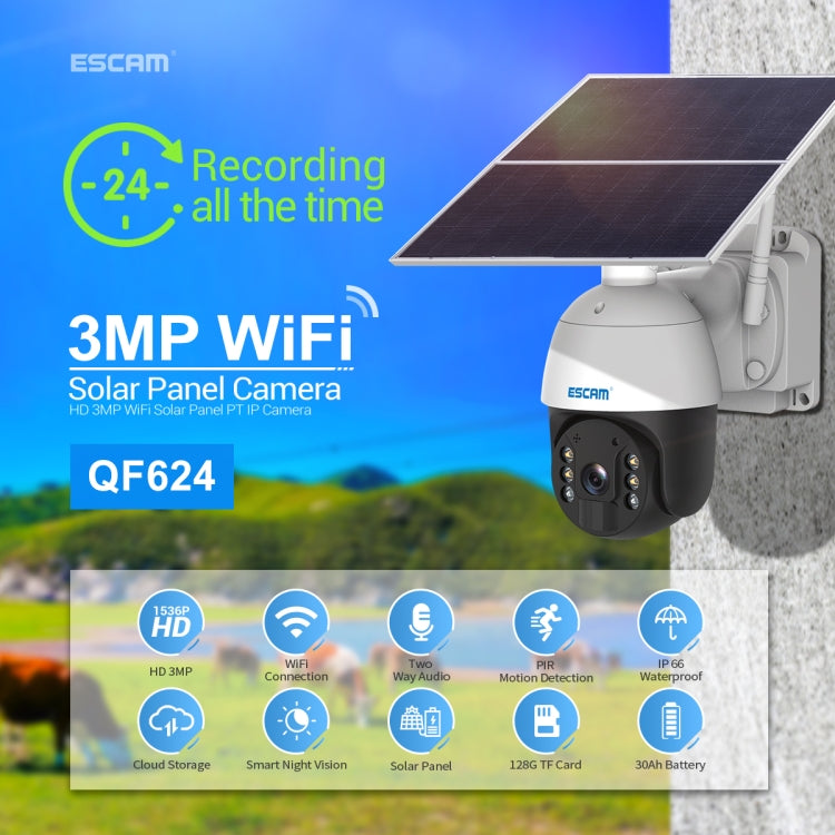 ESCAM QF624 1080P HD IP66 Waterproof WiFi Solar Panel PT IP Camera without Battery, QF624 ESCAM QF624 1080P HD IP66 Waterproof WiFi Solar Panel PT IP Camera without Battery, QF624